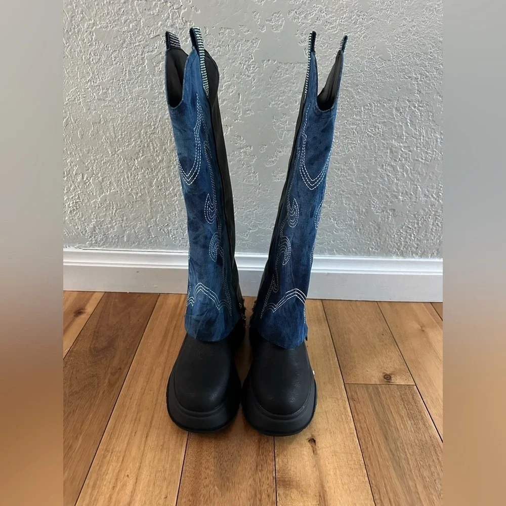 CAPE ROBBIN SUNGSU WESTERN DENIM/RHINESTONE PLATFORM BOOTS NIB